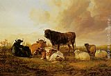 Field Canvas Paintings - Cattle and Sheep in a Field